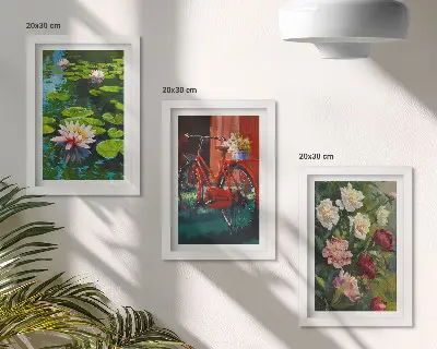 Framed triptych wall art lilies on the water, bicycle in the garden, and colorful flowers