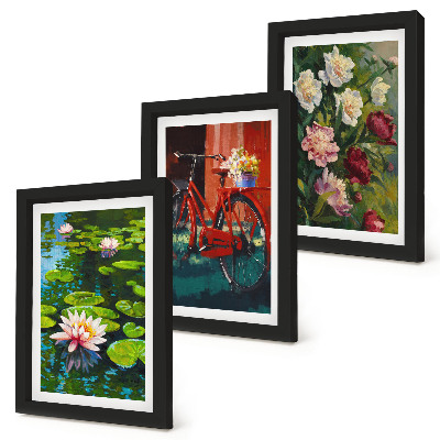 Framed triptych Lilies on the water, bicycle in the garden, colorful flowers