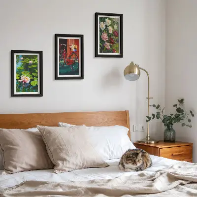 Framed triptych wall art lilies on the water, bicycle in the garden, and colorful flowers