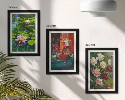 Framed triptych wall art lilies on the water, bicycle in the garden, and colorful flowers