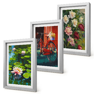 Framed triptych Lilies on the water, bicycle in the garden, colorful flowers