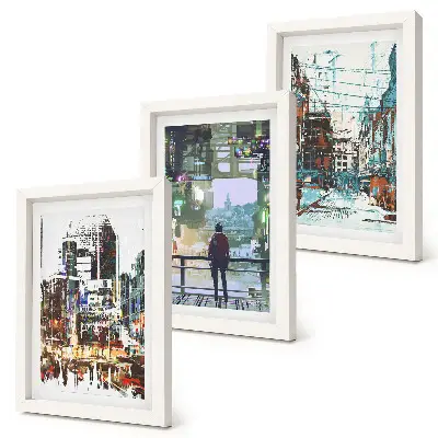 3-piece wall art set modern cities in colors with a background figure