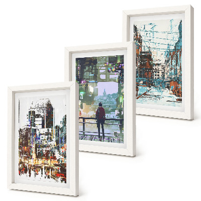 3-piece wall art set Modern cities in colors with a figure in the background