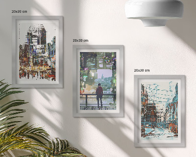3-piece wall art set Modern cities in colors with a figure in the background