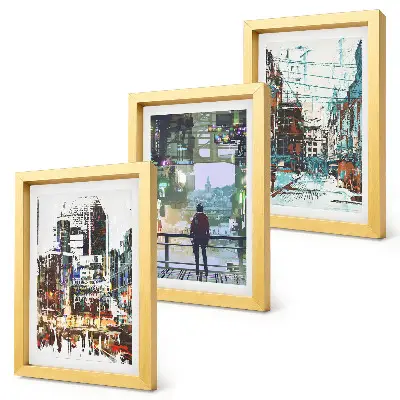 3-piece wall art set modern cities in colors with a background figure