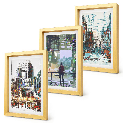 3-piece wall art set Modern cities in colors with a figure in the background