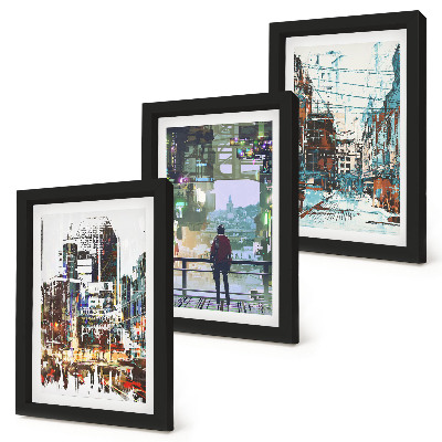 3-piece wall art set Modern cities in colors with a figure in the background