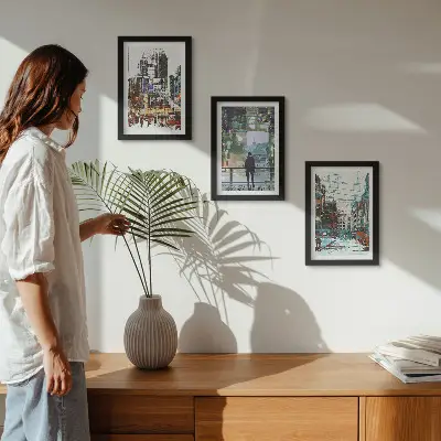 3-piece wall art set modern cities in colors with a background figure