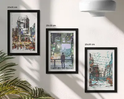 3-piece wall art set modern cities in colors with a background figure