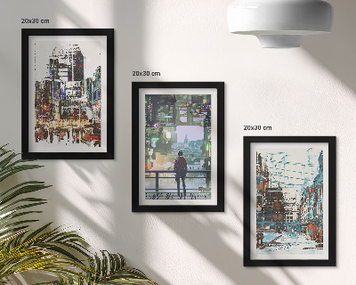 3-piece wall art set Modern cities in colors with a figure in the background