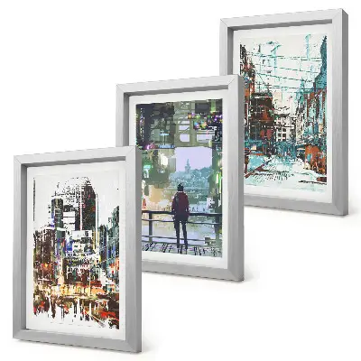 3-piece wall art set modern cities in colors with a background figure