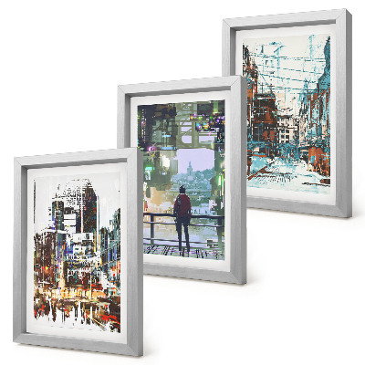 3-piece wall art set Modern cities in colors with a figure in the background