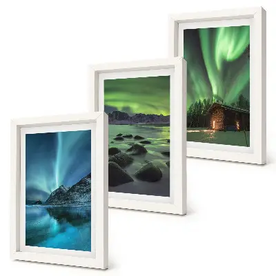 Winter landscapes with the Northern Lights over the mountains framed triptych