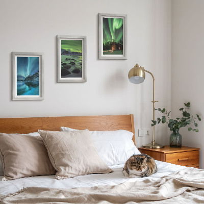 Framed triptych Winter landscapes with the Northern Lights over the mountains