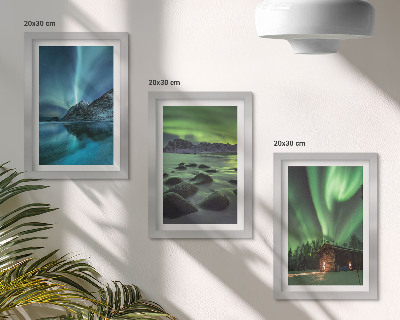 Framed triptych Winter landscapes with the Northern Lights over the mountains