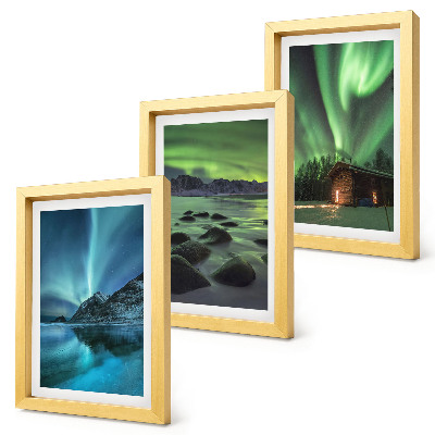 Framed triptych Winter landscapes with the Northern Lights over the mountains