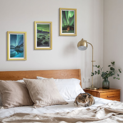 Framed triptych Winter landscapes with the Northern Lights over the mountains