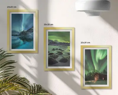 Winter landscapes with the Northern Lights over the mountains framed triptych