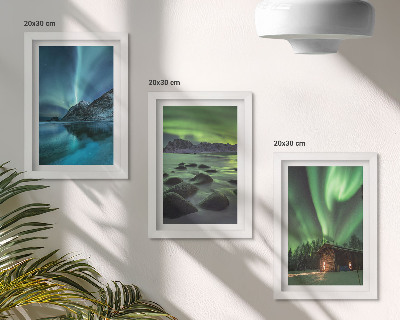 Framed triptych Winter landscapes with the Northern Lights over the mountains
