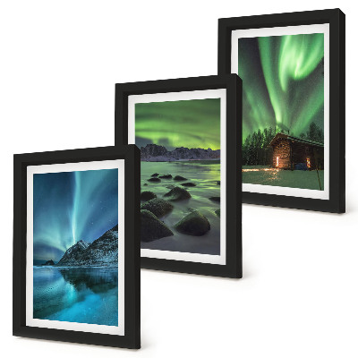 Framed triptych Winter landscapes with the Northern Lights over the mountains