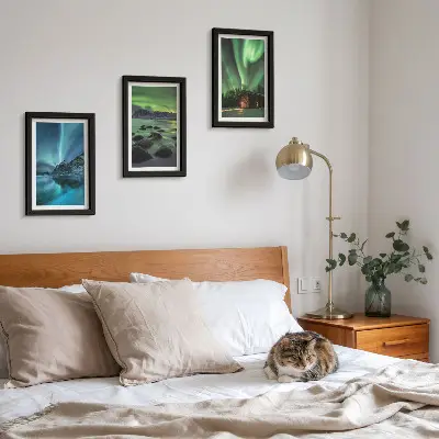Winter landscapes with the Northern Lights over the mountains framed triptych
