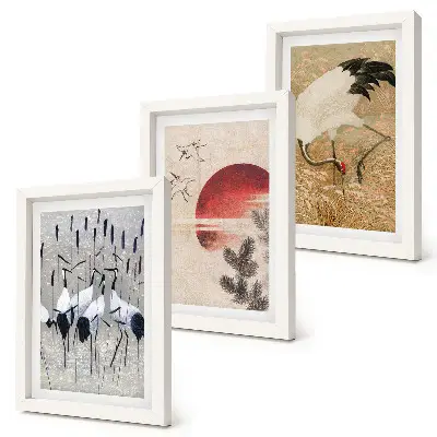 3-piece wall art set featuring Japanese crane landscape illustrations in Japandi style