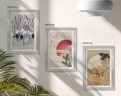 3-piece wall art set Japanese crane illustrations landscape japandi