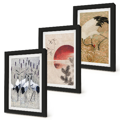3-piece wall art set Japanese crane illustrations landscape japandi
