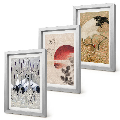 3-piece wall art set Japanese crane illustrations landscape japandi