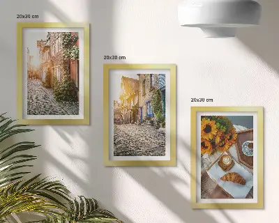 Photo frame wall featuring charming streets with coffee and sunflowers