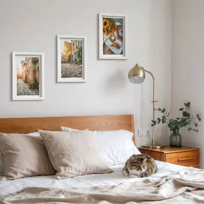 Photo frame wall featuring charming streets with coffee and sunflowers