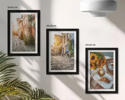 Photo frame wall featuring charming streets with coffee and sunflowers