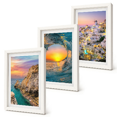 Framed triptych Views of the sea, waves and white houses in Santorini, Greece