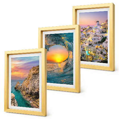 Framed triptych Views of the sea, waves and white houses in Santorini, Greece