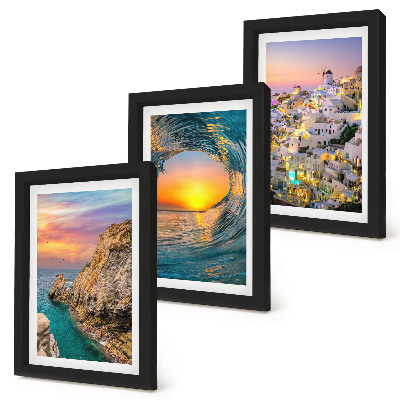 Framed triptych Views of the sea, waves and white houses in Santorini, Greece