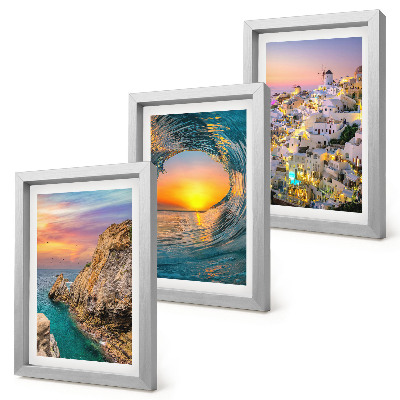 Framed triptych Views of the sea, waves and white houses in Santorini, Greece