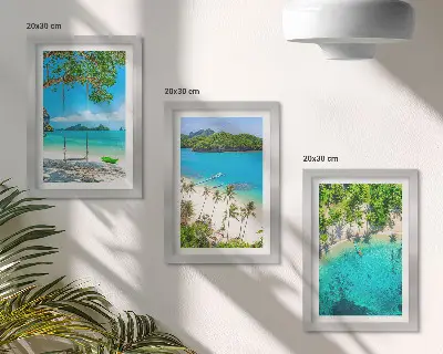 3-piece wall art set featuring tropical beaches with palm trees and crystal clear waters