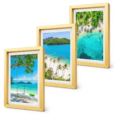 3-piece wall art set featuring tropical beaches with palm trees and crystal clear waters