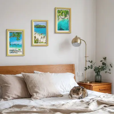 3-piece wall art set featuring tropical beaches with palm trees and crystal clear waters