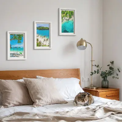 3-piece wall art set featuring tropical beaches with palm trees and crystal clear waters