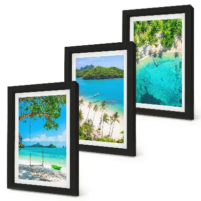 3-piece wall art set featuring tropical beaches with palm trees and crystal clear waters