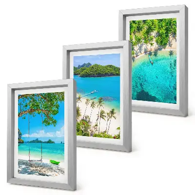 3-piece wall art set featuring tropical beaches with palm trees and crystal clear waters