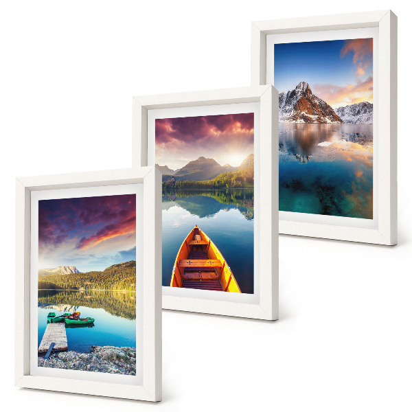 Framed triptych Tranquil lakes with mountain scenery and a boat