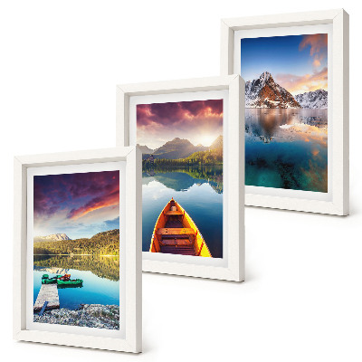 Framed triptych Tranquil lakes with mountain scenery and a boat