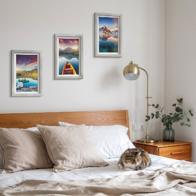 Framed triptych Tranquil lakes with mountain scenery and a boat