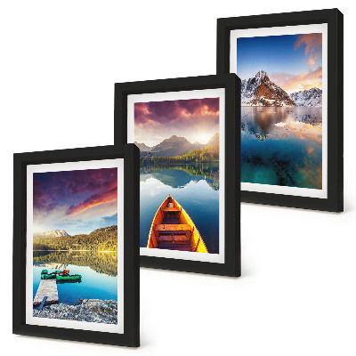 Framed triptych Tranquil lakes with mountain scenery and a boat