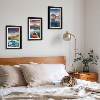Framed triptych Tranquil lakes with mountain scenery and a boat