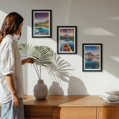 Framed triptych Tranquil lakes with mountain scenery and a boat