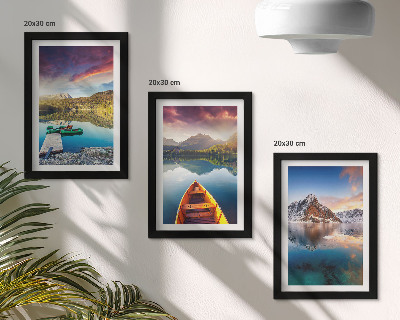 Framed triptych Tranquil lakes with mountain scenery and a boat