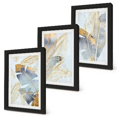 3-piece wall art set Leaves in shades of blue and beige on a light background